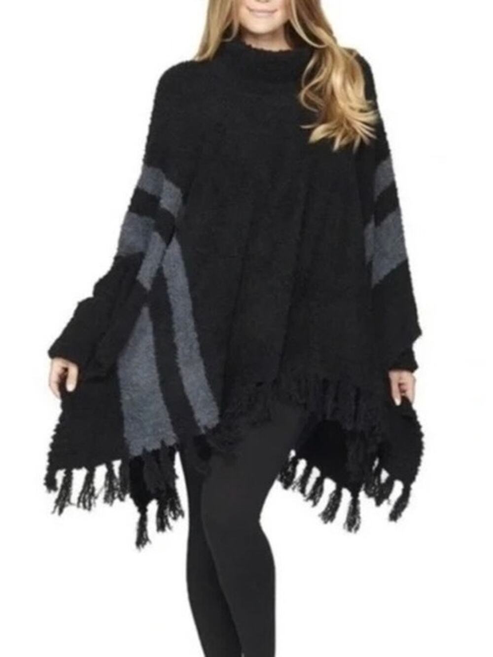 Barefoot Dreams Black&Gray Cozychic Beach Fringe Lounge Poncho Sz.OS